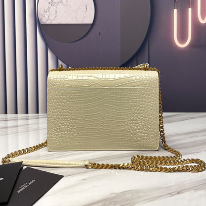 SUNSET MEDIUM CHAIN BAG IN CROCODILE-EMBOSSED SHINY LEATHER
