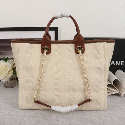 CHANEL Woven Straw Raffia Striped Medium Deauville Tote